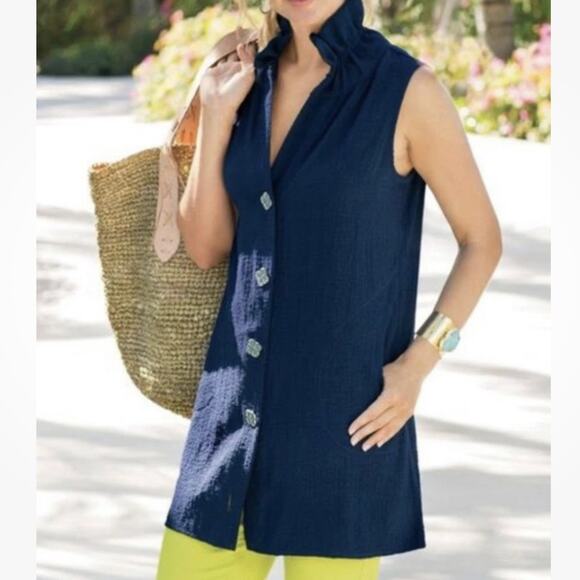 Soft Surroundings Navy Blue Island Time Tunic Ruffled Collar Size Large - Picture 1 of 8
